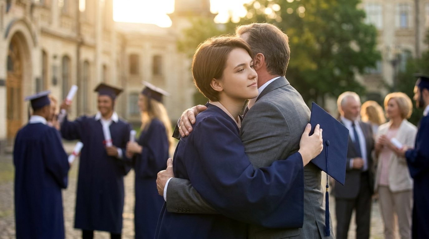 Graduada abrazando a su padre el día de su graduación