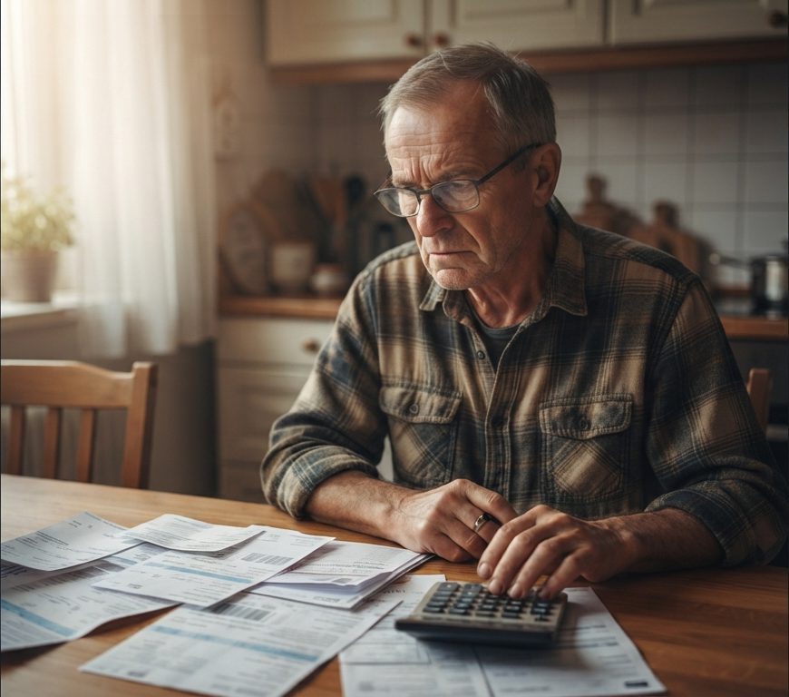 Hombre mayor revisando cuentas con una calculadora en la cocina
