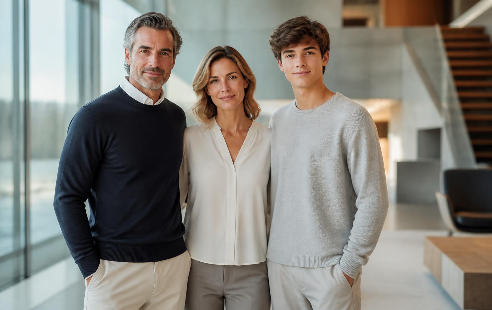 Familia en un espacio arquitectónico contemporáneo con luz natural